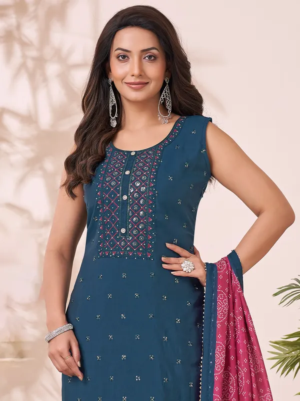 Rama blue straight cut silk salwar suit with dupatta