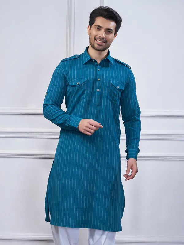 Rama blue stripe cotton mens pathani kurta suit