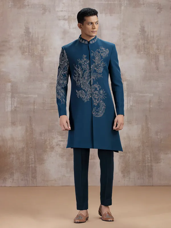 Rama blue terry rayon indo western with beads work