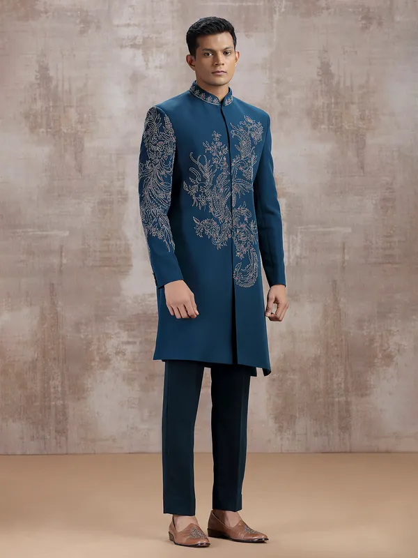 Rama blue terry rayon indo western with beads work