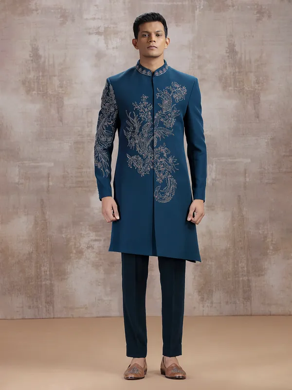 Rama blue terry rayon indo western with beads work