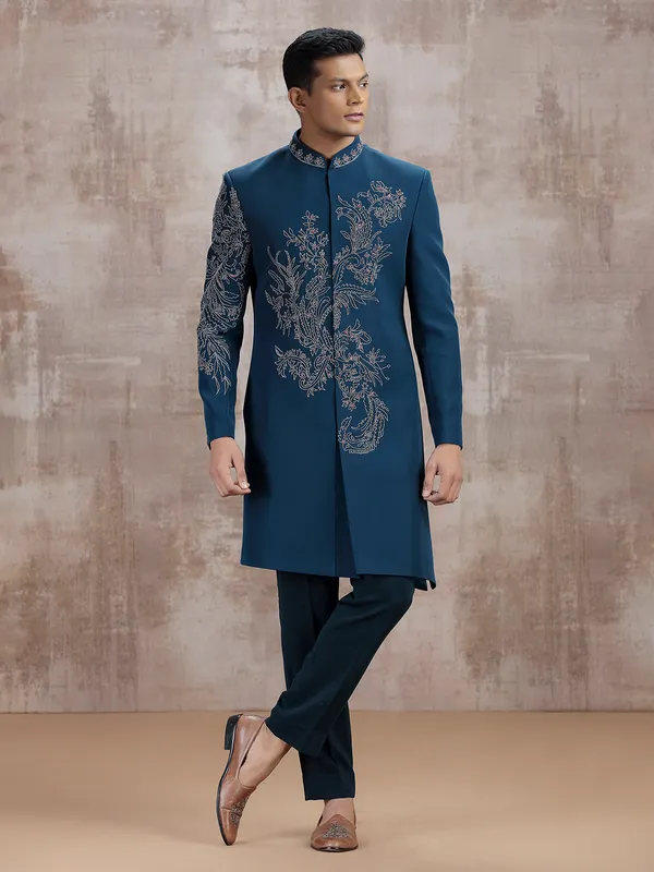 Rama blue terry rayon indo western with beads work
