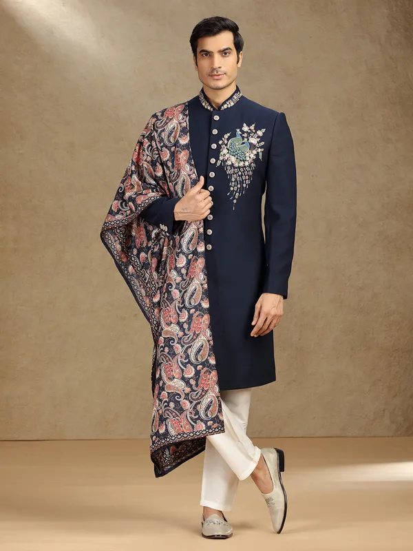 Rama Blue terry rayon indo western with printed dupatta