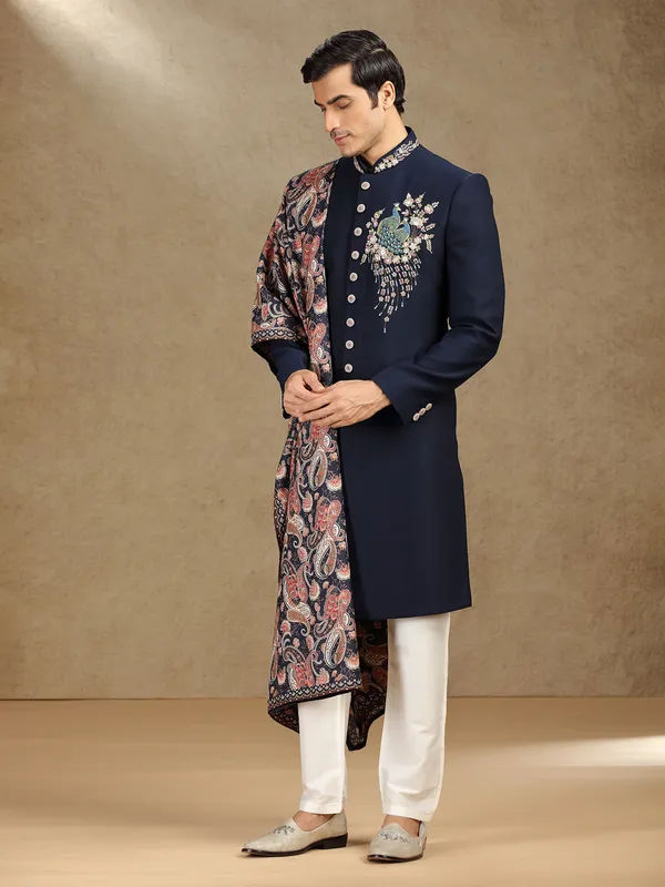 Rama Blue terry rayon indo western with printed dupatta
