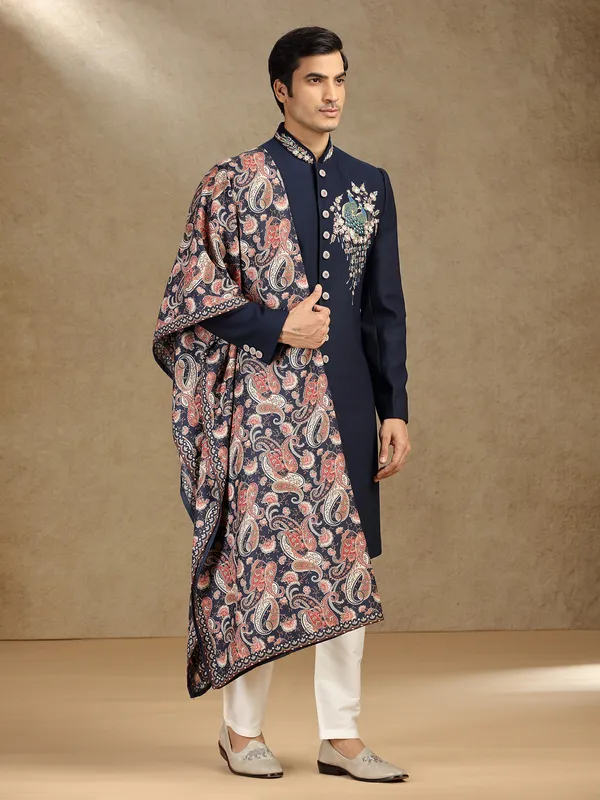 Rama Blue terry rayon indo western with printed dupatta