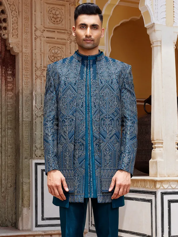 Rama blue timeless raw silk indo western for men
