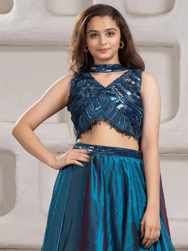 Rama blue tissue silk lehenga choli with cutdana