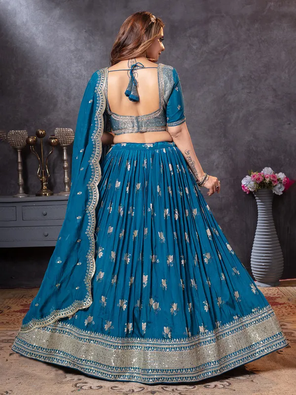 Rama blue wedding wear georgette lehenga choli with dupatta