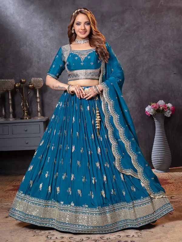 Rama blue wedding wear georgette lehenga choli with dupatta
