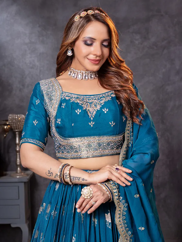 Rama blue wedding wear georgette lehenga choli with dupatta