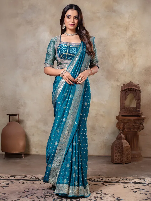 Rama blue zari weaving dola silk saree