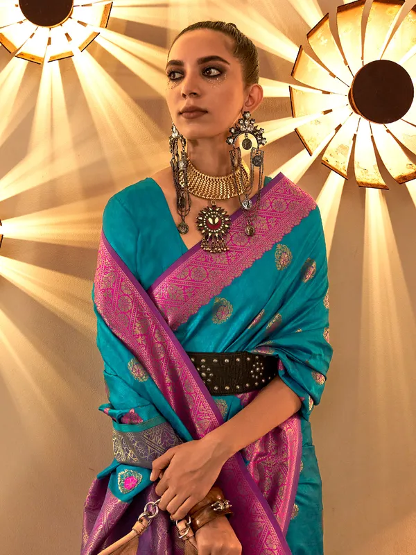 Rama blue zari weaving saree in silk