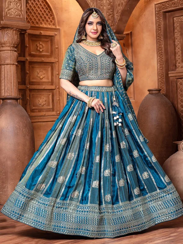 Rama Blue zari worked silk lehenga choli for wedding