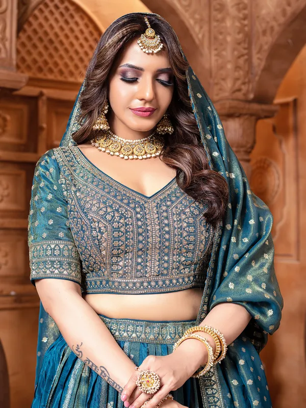 Rama Blue zari worked silk lehenga choli for wedding