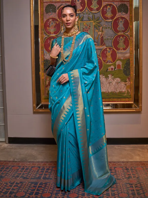 Rama blue zari woven silk saree