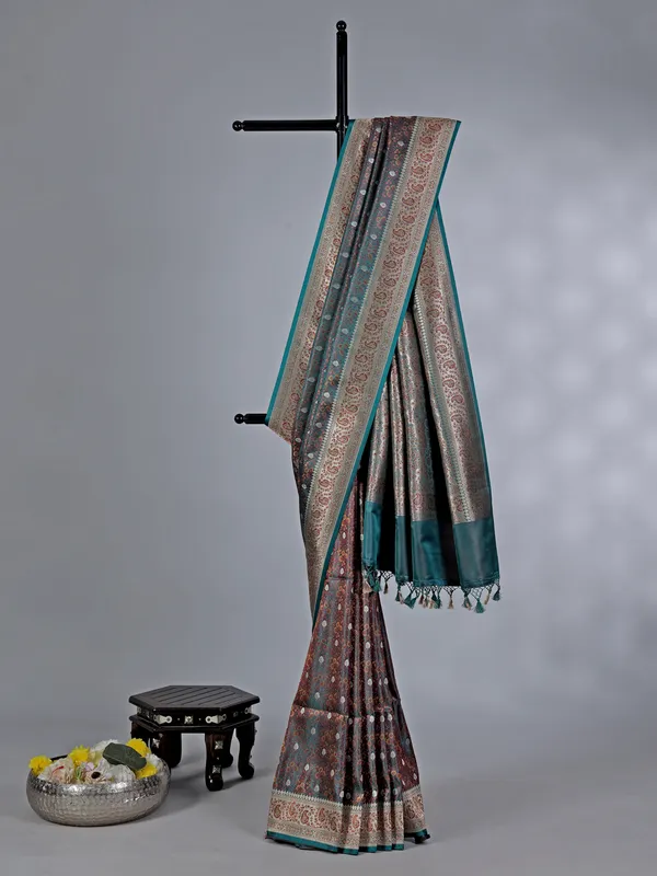 Rama green and brown art silk saree with zari weaving