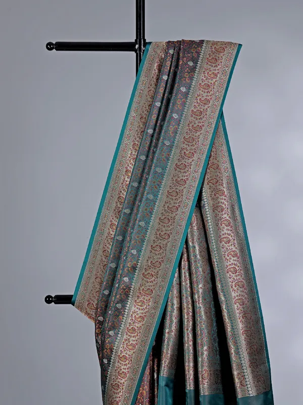 Rama green and brown art silk saree with zari weaving