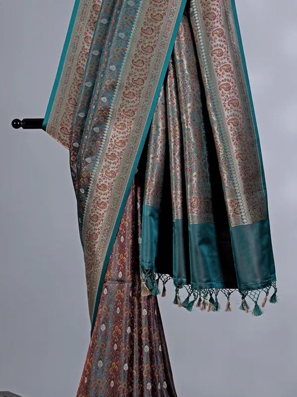 Rama green and brown art silk saree with zari weaving
