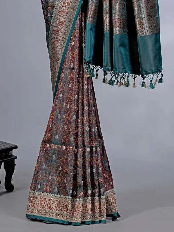 Rama green and brown art silk saree with zari weaving