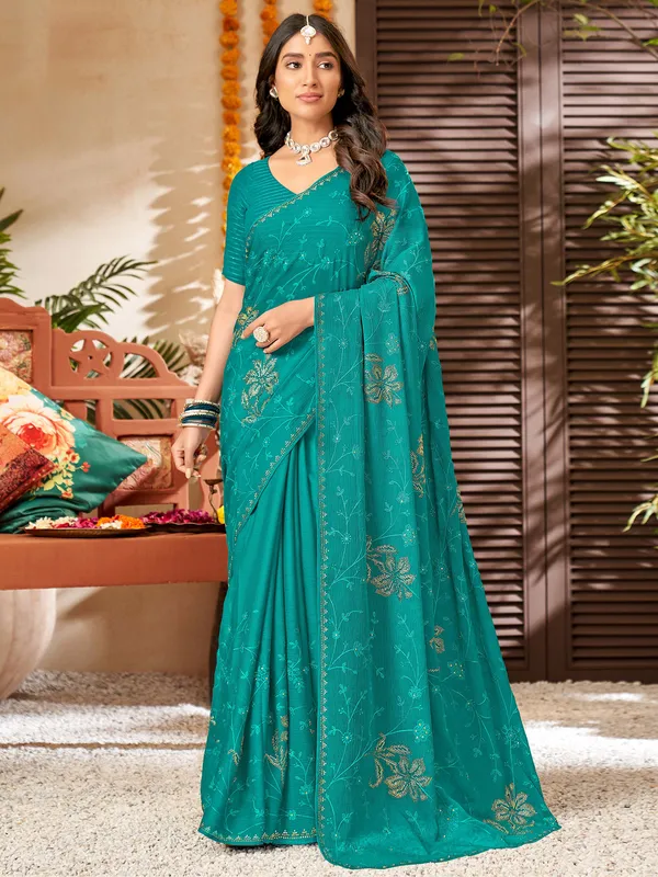 Rama green chiffon saree with embroidery
