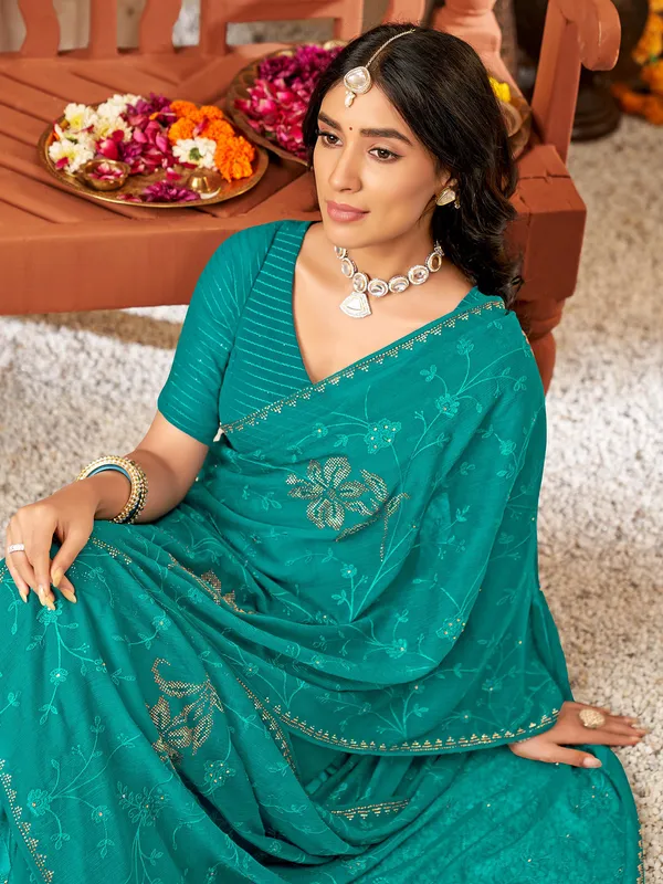 Rama green chiffon saree with embroidery