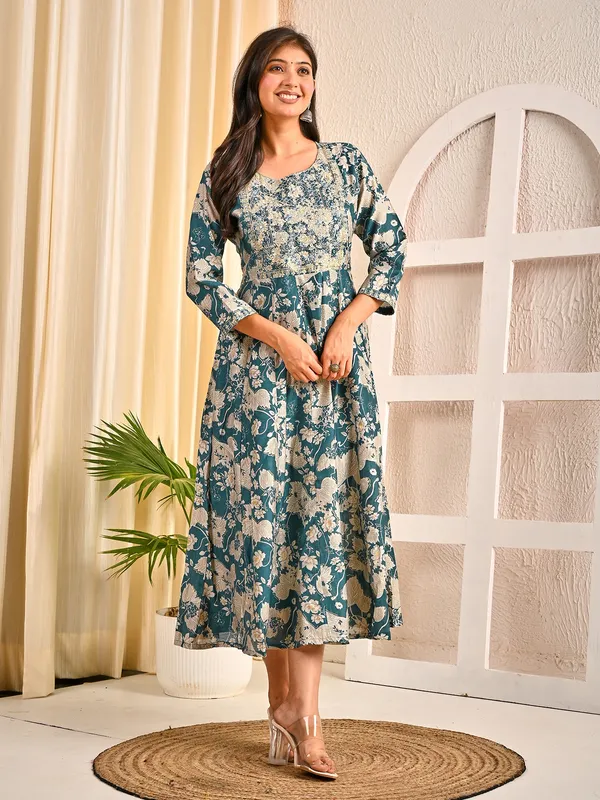 Rama green cotton silk embroidered kurti