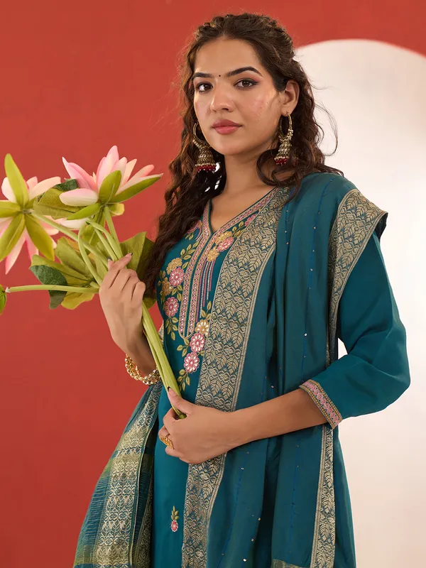 Rama green cotton silk kurti set with dupatta