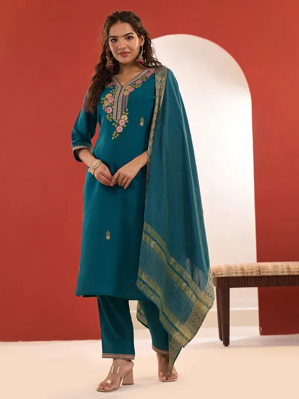 Rama green cotton silk kurti set with dupatta