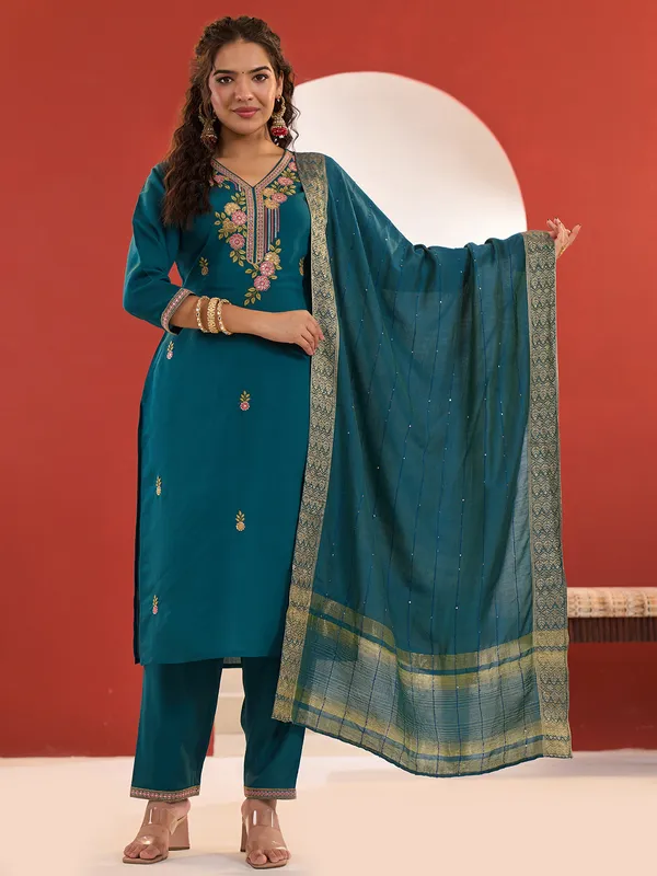 Rama green cotton silk kurti set with dupatta