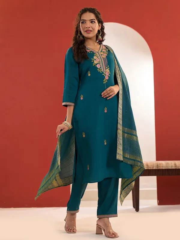 Rama green cotton silk kurti set with dupatta
