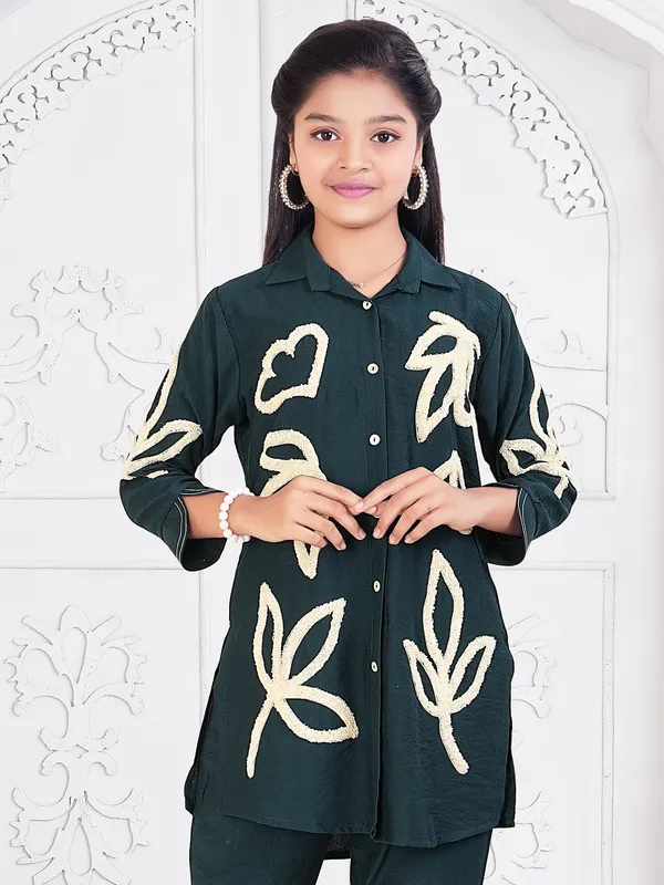 Rama green cotton thread work co ord set