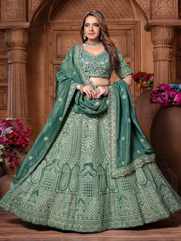 Rama green diamond weaving wedding lehenga choli