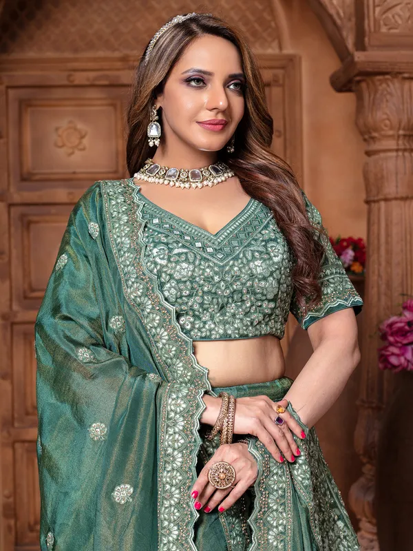 Rama green diamond weaving wedding lehenga choli