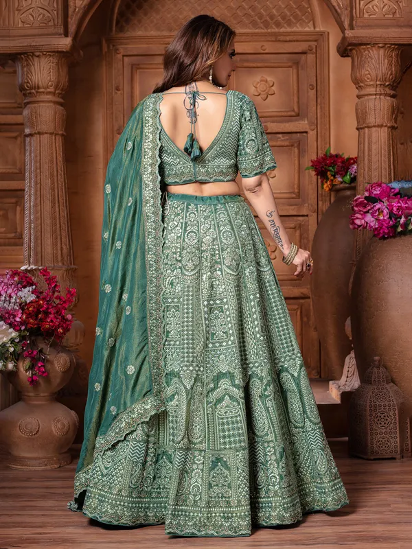 Rama green diamond weaving wedding lehenga choli