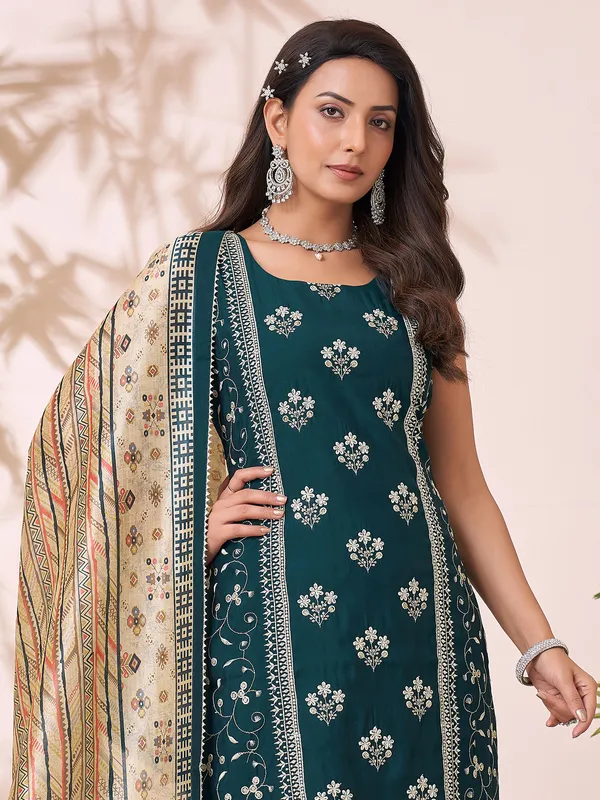 Rama green embroidered suit with printed dupatta for women