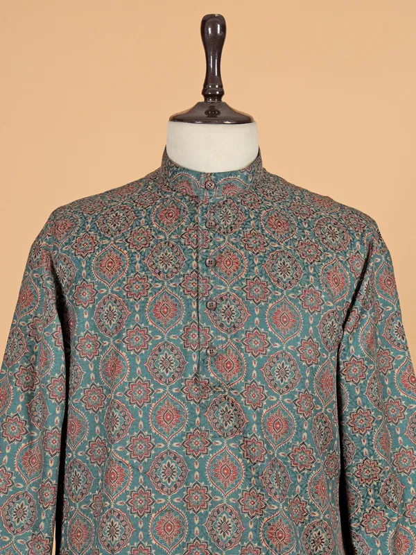 Rama green festive printed kurta suit for men
