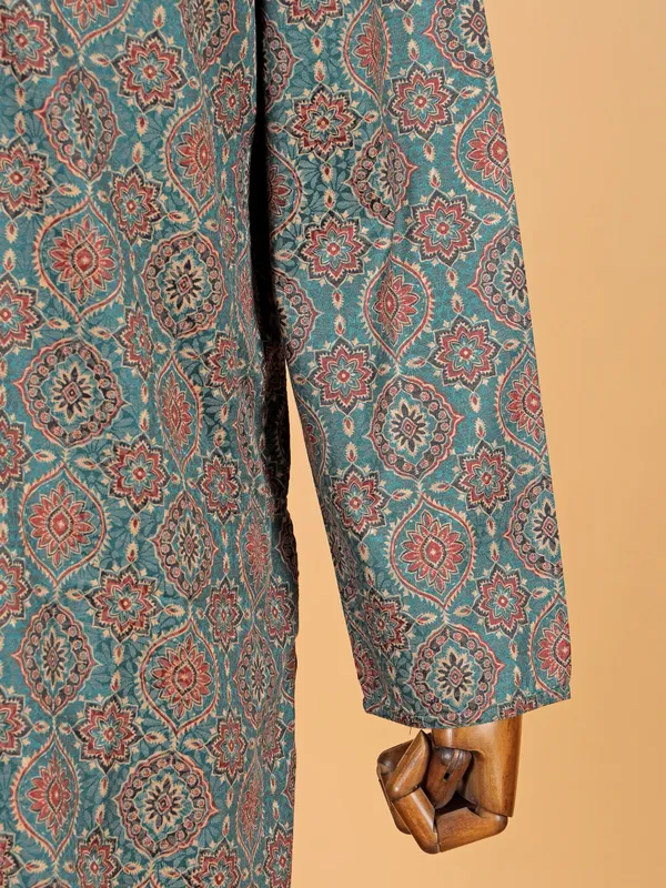 Rama green festive printed kurta suit for men