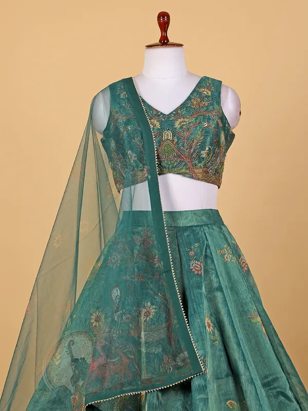 Rama green floral printed organza lehenga choli