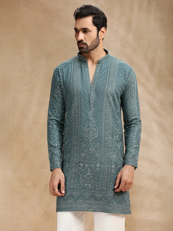 Rama green georgette kurta pajama for festival