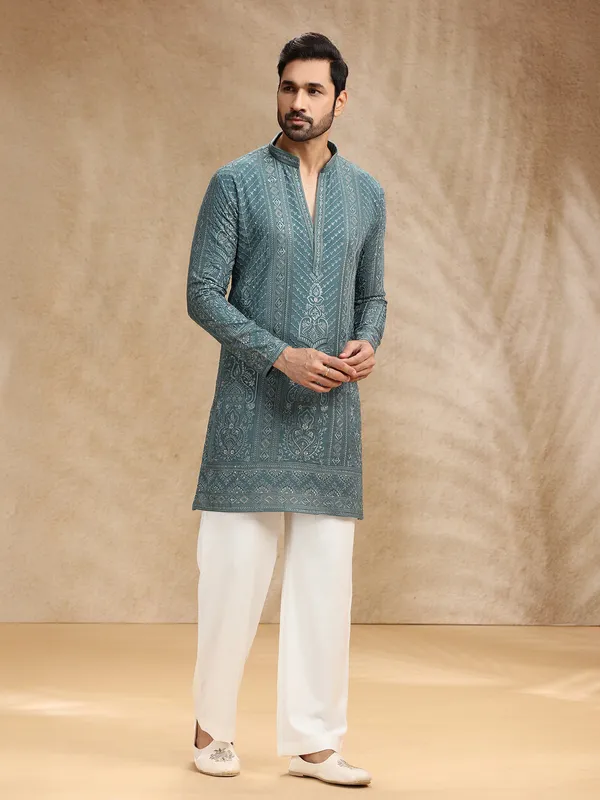 Rama green georgette kurta pajama for festival