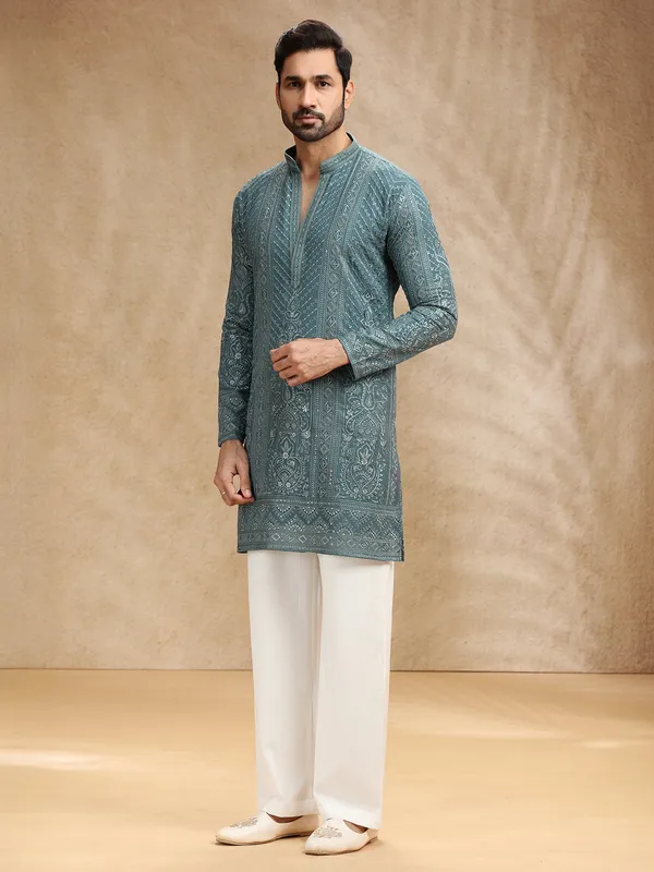 Rama green georgette kurta pajama for festival