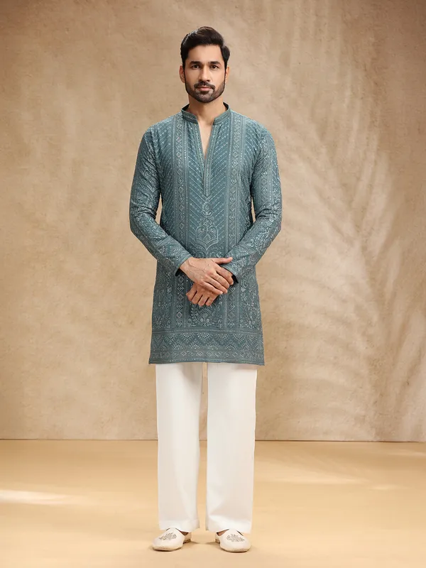 Rama green georgette kurta pajama for festival