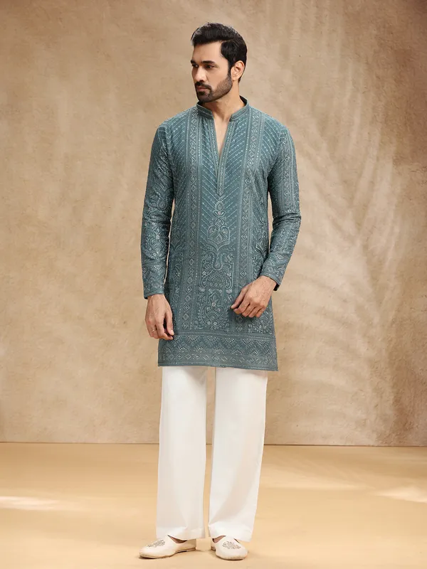 Rama green georgette kurta pajama for festival