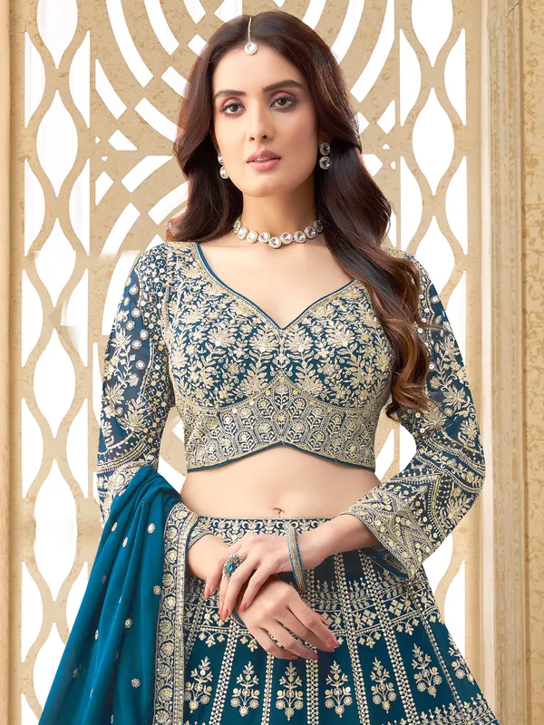 Rama green georgette lehenga choli for wedding wear