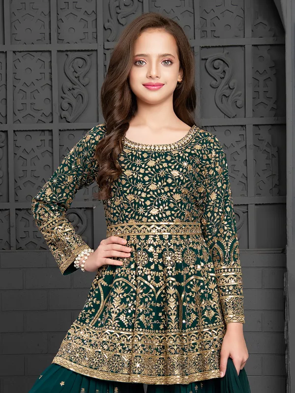 Rama green georgette sharara suit with dupatta