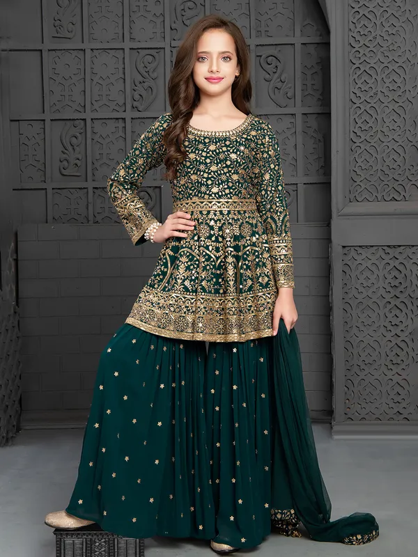 Rama green georgette sharara suit with dupatta