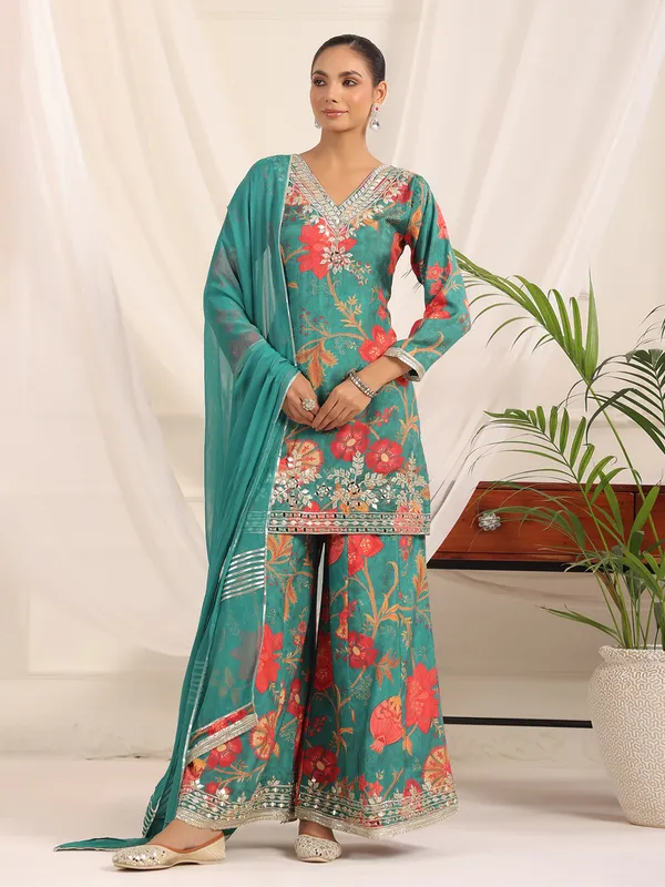 Rama green pakistani silk floral palazzo kurti set