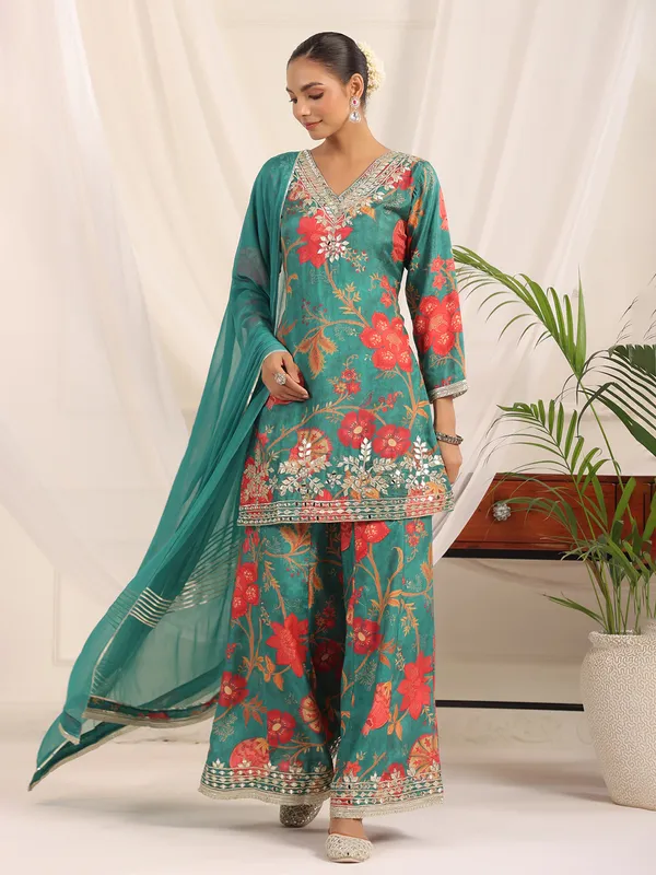 Rama green pakistani silk floral palazzo kurti set