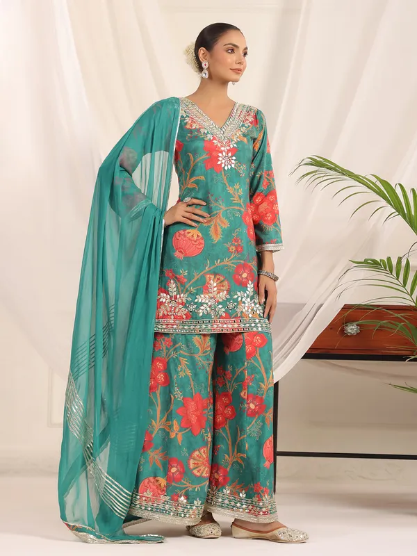 Rama green pakistani silk floral palazzo kurti set