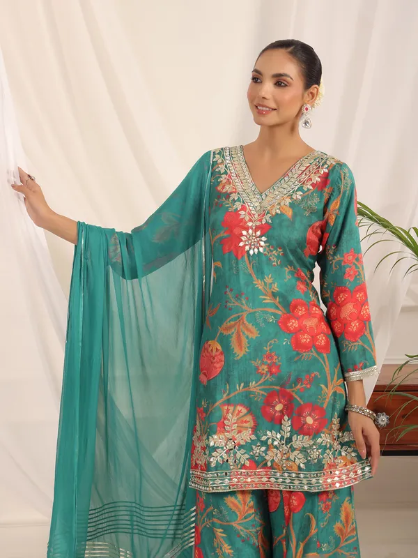 Rama green pakistani silk floral palazzo kurti set